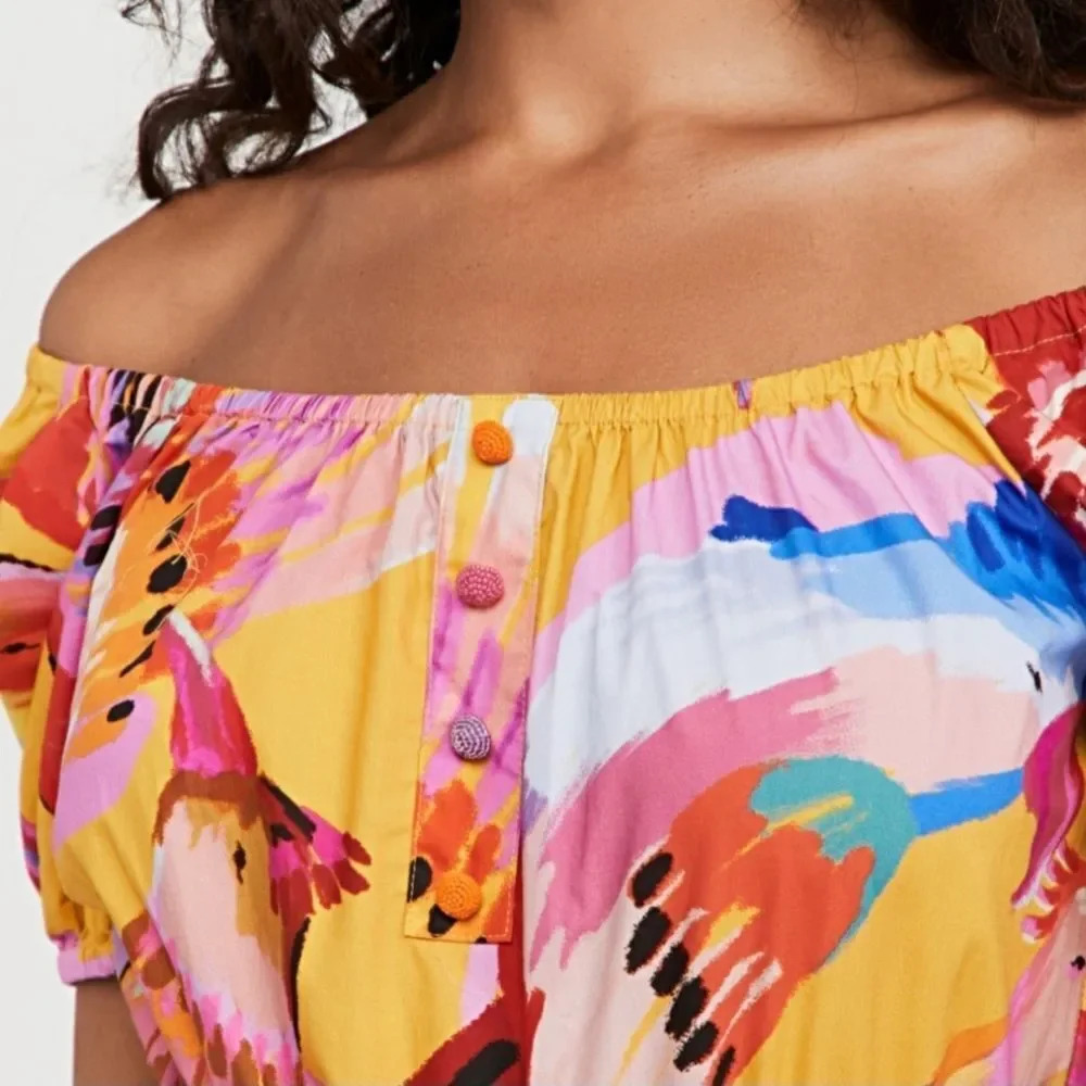 Farm Rio Yellow Multi Floral-Print Off-Shoulder Belted Maxi Dress new with tags - Picture 4 of 10